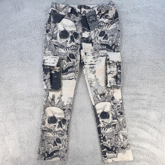 Rebel Vengeance Cargo Pants Men 30 Grey Skull Tapestry Streetwear Goth Artsy New